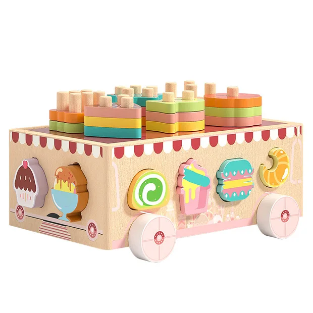 Wooden ice cream truck shape matching and stacking toy